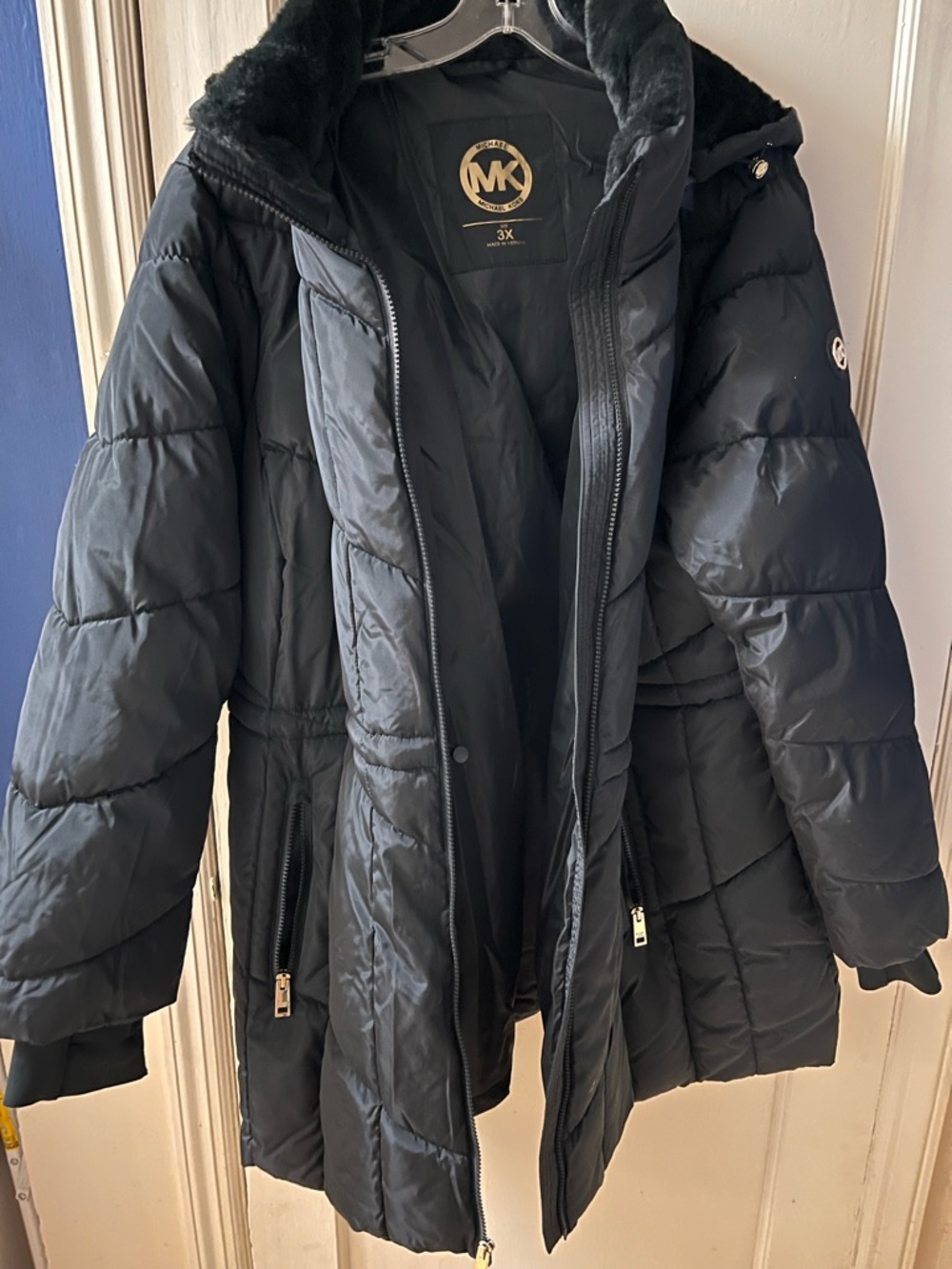 Michael Kors Ladies Black Quilted Faux-Fur Trim Puffer Jacket-Size 3X